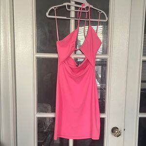 Preowned h&m halter open front neon pink sexy cocktail mini dress size medium